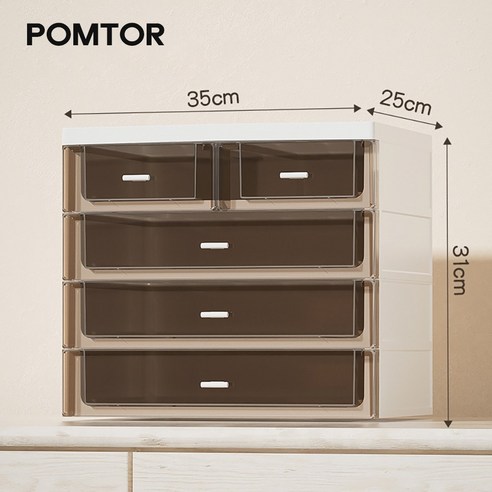 POMTOR 탁상 사무실 책상 테이블 정리 잡동사니 문구 화장품 서랍형 수납함, 4단, 브라운