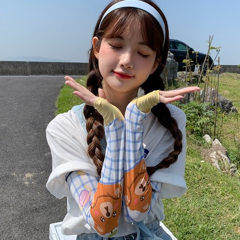 DFMEI 아이스 실크 자외선 차단제 소매 여성용 여름 여행 UV 보호 양산 팔 보호대, DFMEI 격자 무늬 곰