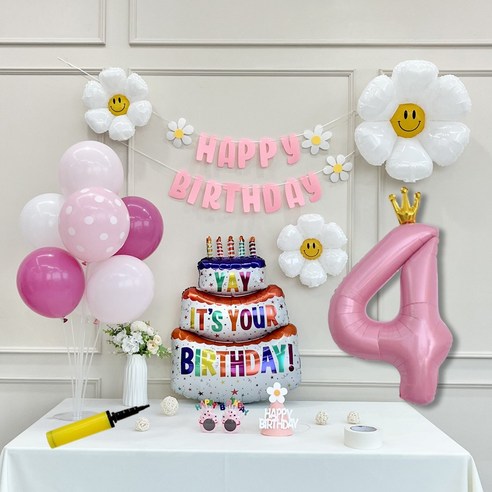 연지마켓 생일 파티 케이크 데이지 왕관 숫자 풍선 가랜드 세트, 1세트, 케이크 핑크B 4