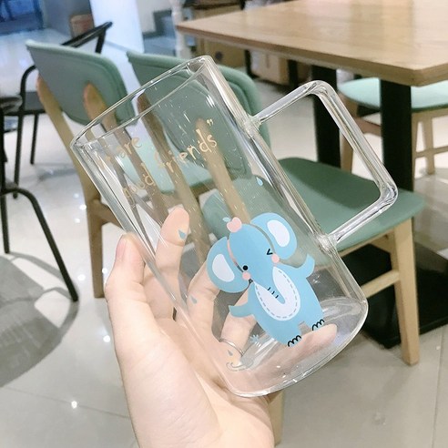 DFMEI 캐릭터 대용량 유리잔 뚜껑 스푼 남녀 아침 우유 시리얼 오피스 홈컵, DFMEI 아기코끼리[싱글컵]