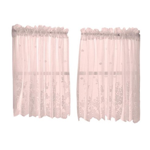 수 놓은 창 Voile Sheer Curtain Valance Tiers, 핑크-2 Tiers-74x61cm, 설명