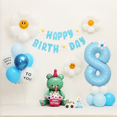 [피앤비유니티] 데이지곰돌이 가랜드형 생일풍선세트, 06-8)데이지곰돌이 가랜드형-블루 숫자8, 1세트