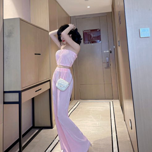 2022년 봄·여름 일계 달콤한 바캉스풍 모래사장 가슴싸개 하이웨이스트 슬리퍼 팬츠 패션 세트 여자