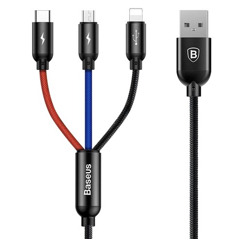 AFBEST BASEUS 3 in 1 USB Type C Multi-Head Multi-Function Cable for iPhone 12 Mini, 레드&블루&블랙