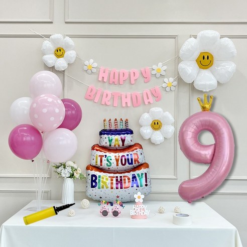 연지마켓 생일 파티 케이크 데이지 왕관 숫자 풍선 가랜드 세트, 1세트, 케이크 핑크B 9