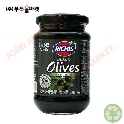 푸드올마켓_ 리치스 블랙올리브 365g-유리병 /홀 피티드 한박스 (365g x 12ea), 365g, 12개