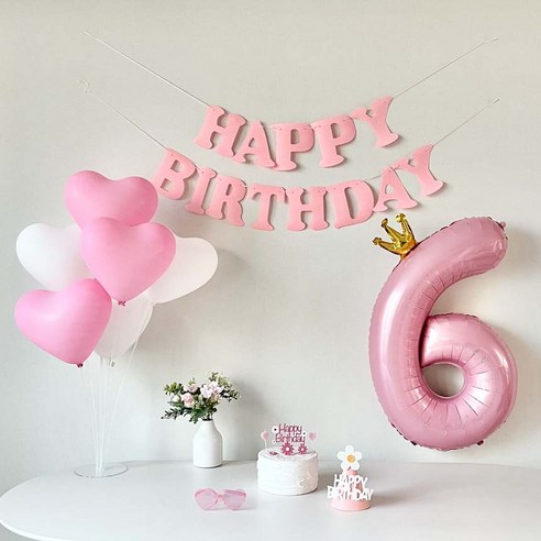 연지마켓 생일 파티 용품 세트 가랜드 숫자 풍선 안경 고깔, 1세트, 핑크, 6
