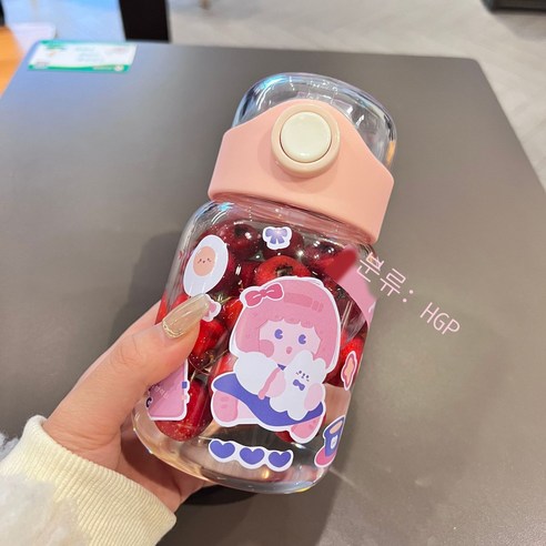 고붕소 실리콘 빨대 유리 물컵 여성 고안료 신형 여성 휴대용 컵 귀엽다 그물 빨간 물컵 바람, 핑크 450+ 스티커, 450ml 스티커