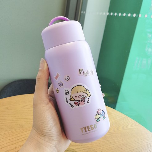 스테인리스 물 컵 간단한 모리 스타일 보온병 여성 하라주쿠 스타일 학생 귀여운 간단한 소녀 컵, 보라색 350 Ml, 싱글 컵 + t 스티커