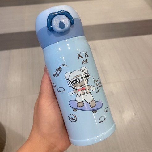한국어 스타일 크리 에이 티브 탄성 뚜껑 보온병 컵 여성 학생 간단한 귀여운 소녀 컵 남성 성격 유행 대용량 컵, 블루 280Ml