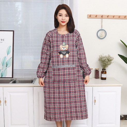 앞치마 주방의류 순면 긴팔 가정용 앞치마 주방 요리, 1 건, 가장가비 순면 곰돌이 블라우스 - 대추색