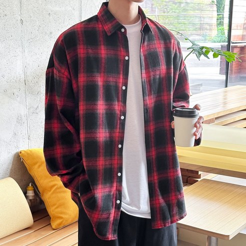 데이즈 남자 사각 오버핏 타탄체크 긴팔 셔츠