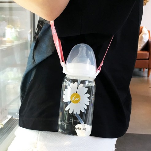 한국어 스타일 귀여운 컵 졸업 짚 성인 크리 에이 티브 유리 컵 여학생 젖꼭지 컵 휴대용 컵, 330ml번개꽃스케일240_단일병+밀짚중력볼+스트랩