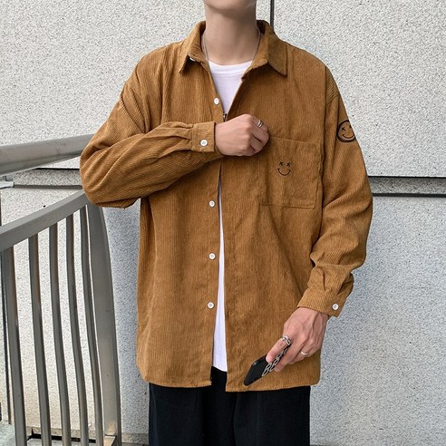 코듀로이 긴팔 셔츠 남성 가을 조수 홍콩 스타일 느슨한 인치 셔츠 어 버전 트렌드 자카드 셔츠 재킷
