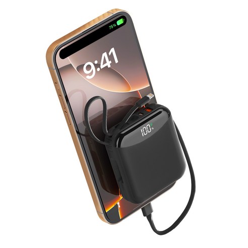 PIUJJA 일체형 QC3.0 PD 22.5W 대용량 고속충전 케이블 휴대용 미니 C타입 고속충전 보조배터리 10200mAh, 블랙