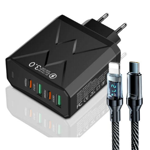 USB+PD 4포트 멀티 고속충전기 100W+ 2m LED 디스플레이 고속 충전 케이블, 블랙, Typec-Lighting
