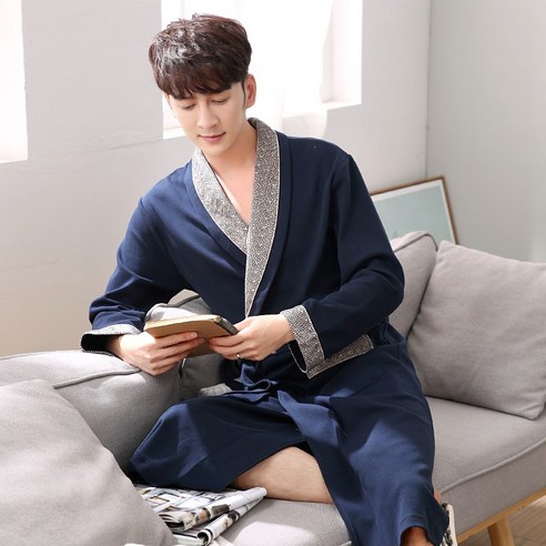 DFMEI-Y 브랜드 잠옷 여성 봄과 가을 커플 목욕 가운 순수 코튼 잠옷 남성 여름 긴 소매 확장 목욕 가운 대형 사이즈 긴팔 가운, {"패션의류/잡화 사이즈":"XXXL 크기"}, DFMEI 남성 96279