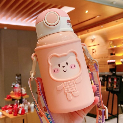 [LM] 귀여운 곰 스테인레스 보온병 물병 보온병 밀짚 커버 학교 찻잔 선물, 301-400ml, Pink