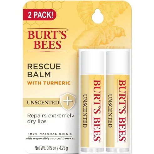 Burt's Bees 레스큐 밤 무향 립밤 항산화 성분이 풍부한 강황 틴트 프리 천연 오리진 립 케어 튜브 2개 4.3g(0.15온스)