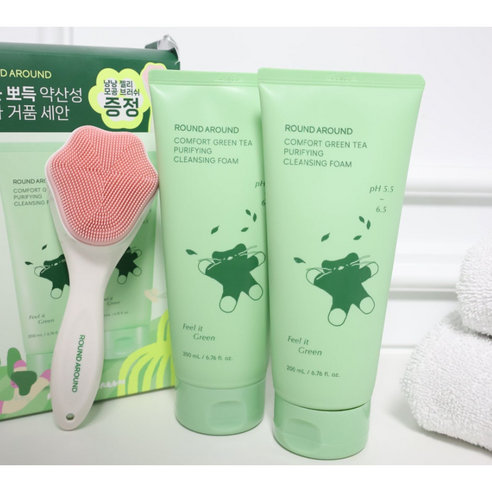 [1+1] 라운드어라운드 컴포트 그린티 약산성 클렌징 뽀득폼 200ml+200ml+(선착순 모공브러쉬 증정) / 라운드어라운드클렌징폼 클렌징폼 폼클렌징 약산성클렌징 저자극, 2개, 200ml