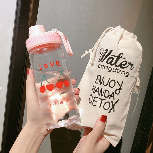 [LM] 500ml 플라스틱 물병 투명/반투명 병 귀여운 물병 카톤 딸기 물병 전화 스탠드 휴대용, 12_500ml