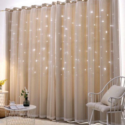 에쉬울프 펀칭 별 차광+레이스 이중지 커튼 1pc, 300*230cm, 베이지