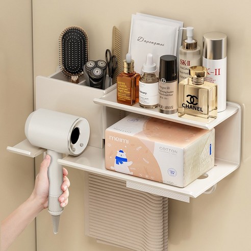 다용도 드라이기 거치대 & 욕실 선반 & 티슈 거치대 – 존글로벌 (화이트) 에어랩보관