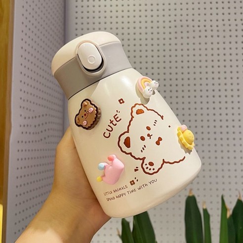 [LM] 600ml 곰 스티커 물병 스테인리스 보온병 짚 진공 절연 휴대용 Leakproof 텀블러 컵 선물, {"크기":"600ml"}, E with sticker