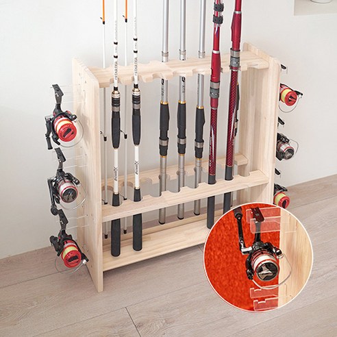 UV코팅 원목 낚시 로드거치대 / 새로운 16구+6구 릴을 올릴 수 있는 낚시거치대 다이와로드거치대