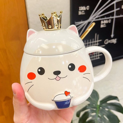 [다나에]고양이 세라믹 머그잔 홈 아침 우유 컵, 숟가락-흰색, {"사이즈":"500ML"}