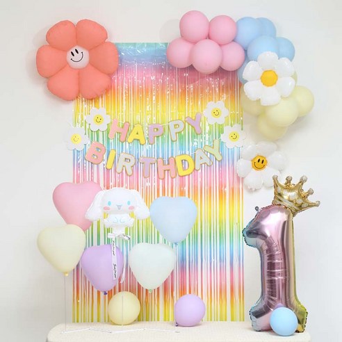 [피앤비유니티]스마일데이지 풍선스탠드 생일장식커튼세트 펌프포함, 1세트, 26-1)시나모롤 마카롱커튼세트1
