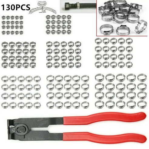 싱글 이어 스텝리스 호스 클램프 304 스테인레스 스틸 신치 링 클립 플라이어 1 개 5.8-23.5mm 130, 130pcs