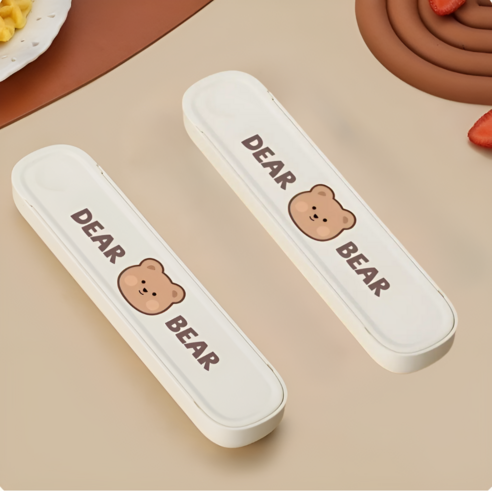 체리닷컴 귀여운 곰돌이 토끼 도시락 휴대용 수저통 케이스, 2개, 화이트 곰돌이