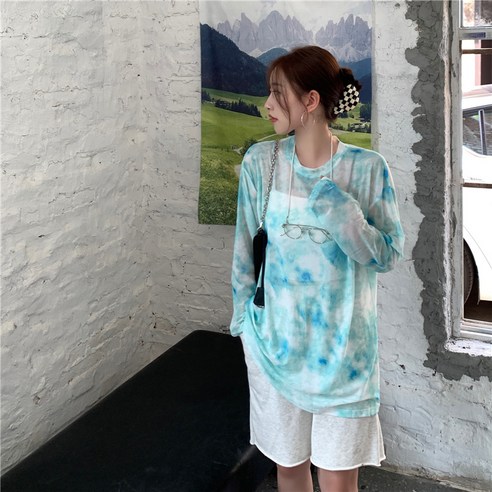 DFMEI 여름 여성 넥타이 염색 긴팔 티셔츠 느슨한 얇은 메쉬 들어 갔어 의류 디자인 감각 틈새 블라우스 기본 탑, DFMEI 블루