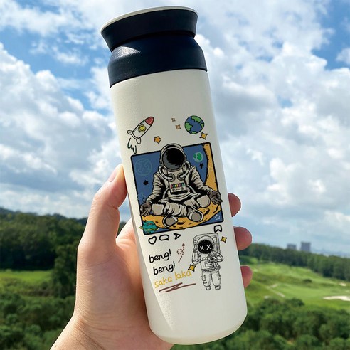 우주 비행사 우주 창조적 인 보온병 학생 간단한 우주 비행사 하이 생긴 스테인레스 스틸 진공 컵, BW5173 우주 비행사, 500ml 플랫 커버 컵