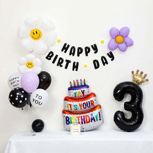 [피앤비유니티] 캐릭터무광데이지 생일케익풍선세트 스탠드형, 10-03)무광데이지생일풍선세트 3 블랙, 1세트