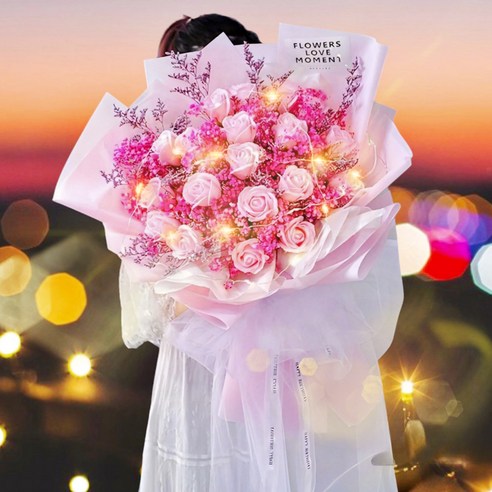 아르띠콜로 중 대형 비누 장미 꽃 안개 드라이 플라워 꽃다발+ LED 램프, 핑크장미