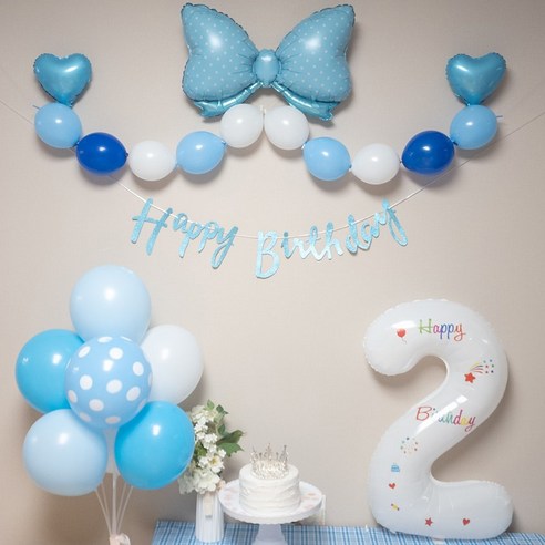 연지마켓 생일풍선 생일파티용품 리본풍선 숫자세트, 블루리본 화이트세트 2