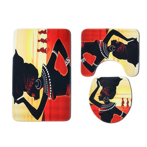 KORELAN 신형 아프리카 부락 프린트 변기 깔개 3종 세트 욕실 미끄럼 방지 카펫 세트, SY105, 45*75cm