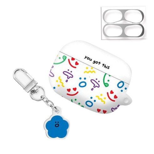 트라이코지 와글와글 컬러 패턴 하드 케이스 + 철가루 방지 스티커 2P + 키링 세트, 블루, AirPods Pro(2세대)