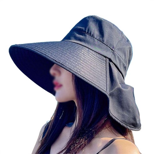 따봉오빠 여성 자외선 차단 여행 비치 넥 커버 와이드챙 벙거지 모자 YY5217, 블랙