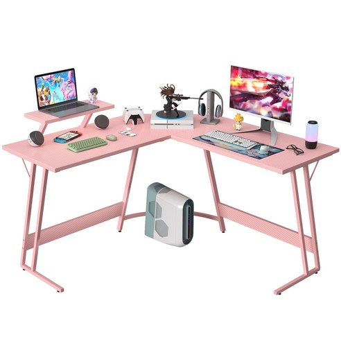 호몰HOMALL L자 코너형 게이밍책상 컴퓨터책상 공부 사무용책상, 핑크