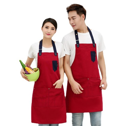 ANKRIC 홈 주방 앞치마 얼룩 방지 캔버스 멀티 포켓 홀터넥 앞치마 원피스앞치마, 빨간색