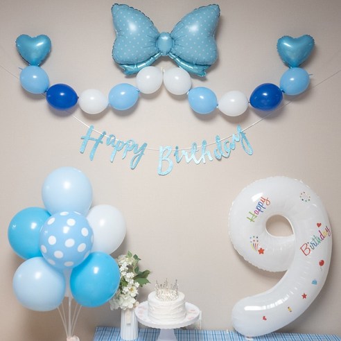 연지마켓 생일풍선 생일파티용품 리본풍선 숫자세트, 블루리본 화이트세트 9