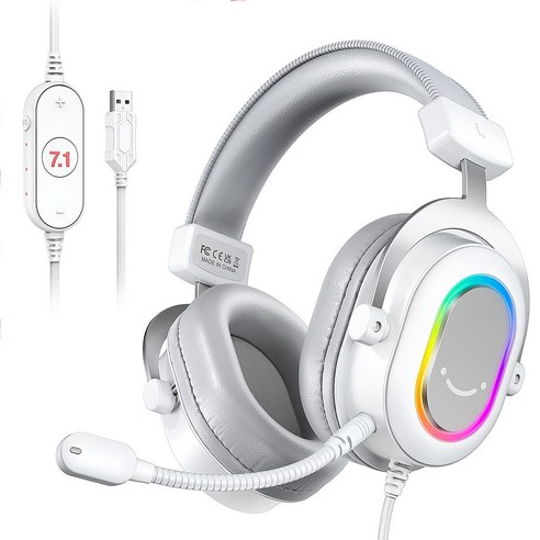 FIFINE H6 게이밍 헤드셋 마이크가 있는 PC 유선 헤드폰-7.1 서라운드 사운드 컴퓨터 USB 헤드셋 노트북 PS4/PS5 스트리밍 헤드폰 EQ 모드 RGB 소프트 이어패드, 하얀색