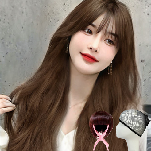 LUMANOKI 여성 롱 웨이브 통가발 55cm+가발망+가발거치대 세트, 라이트 브라운