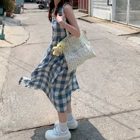 이오른 빈티지 레이어드 체크 격자 민소매 나시 롱 원피스