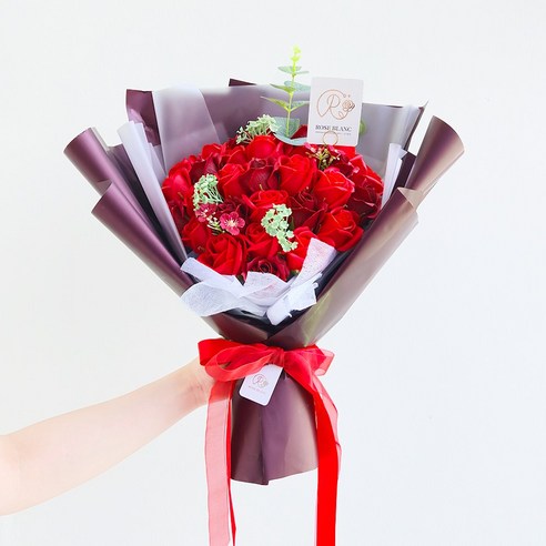 로즈블랑 시들지 않는 로맥틱 30송이 장미 꽃다발+쇼핑백 선물세트 비누꽃다발 기념일꽃 조화, 1세트, 레드