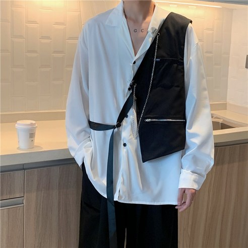 DFMEI 파이 Shuai 조끼 셔츠 남성 긴팔 Ins 디자인 감각 틈새 셔츠 봄과 가을 느슨한 고급 감각 탑