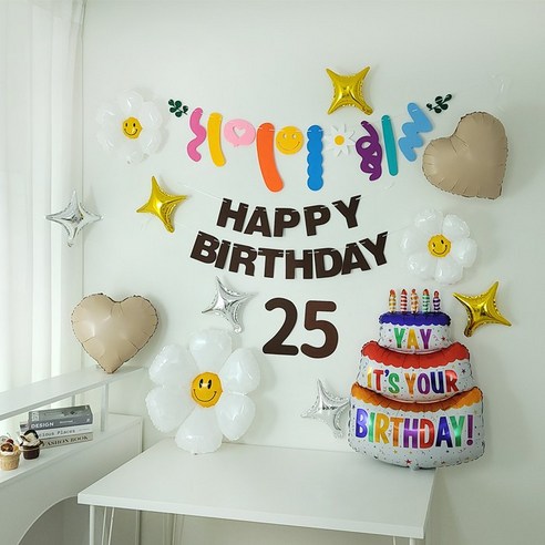 브라운가랜드 숫자펠트 데이지풍선 대형생일케익풍선 생일파티용품 세트, 1세트, 25번세트